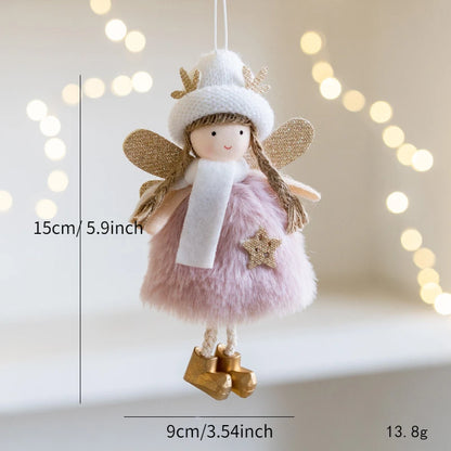 Small fairy doll Christmas Ornament with measurements and a blurred light background