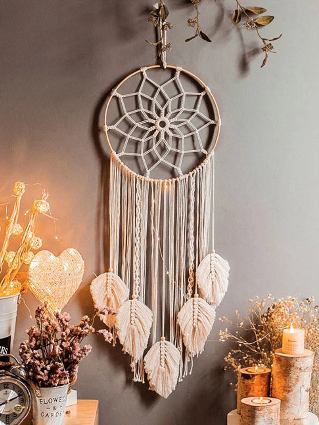 Boho Macrame Dream Catcher with Leaf Design – Handmade Tapestry Wall Hanging for Bedroom Decor