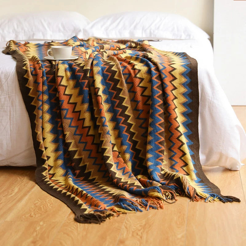 My Boho Home throw blanket with tassels, featuring zig zag stripes and a woven texture—perfect for cozy home decor