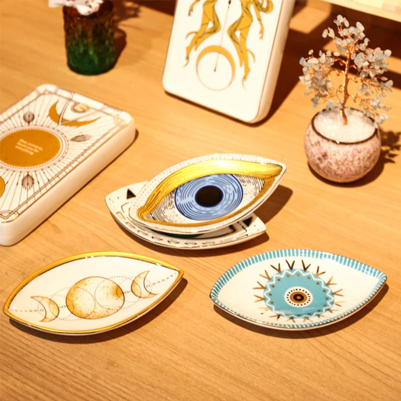 Ceramic Jewelry Tray Trinket Dish Rings Earrings Necklaces Dish Evil Eye Moon Phases Decorative Plate Bowl Home Decor Boho 1Pc