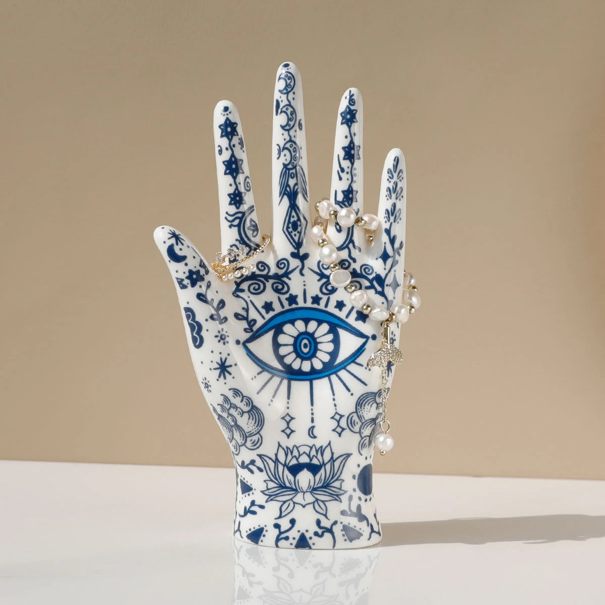 Ceramic Evil Eye Hand Jewelry Holder – Boho Display Stand for Rings, Bracelets & Necklaces