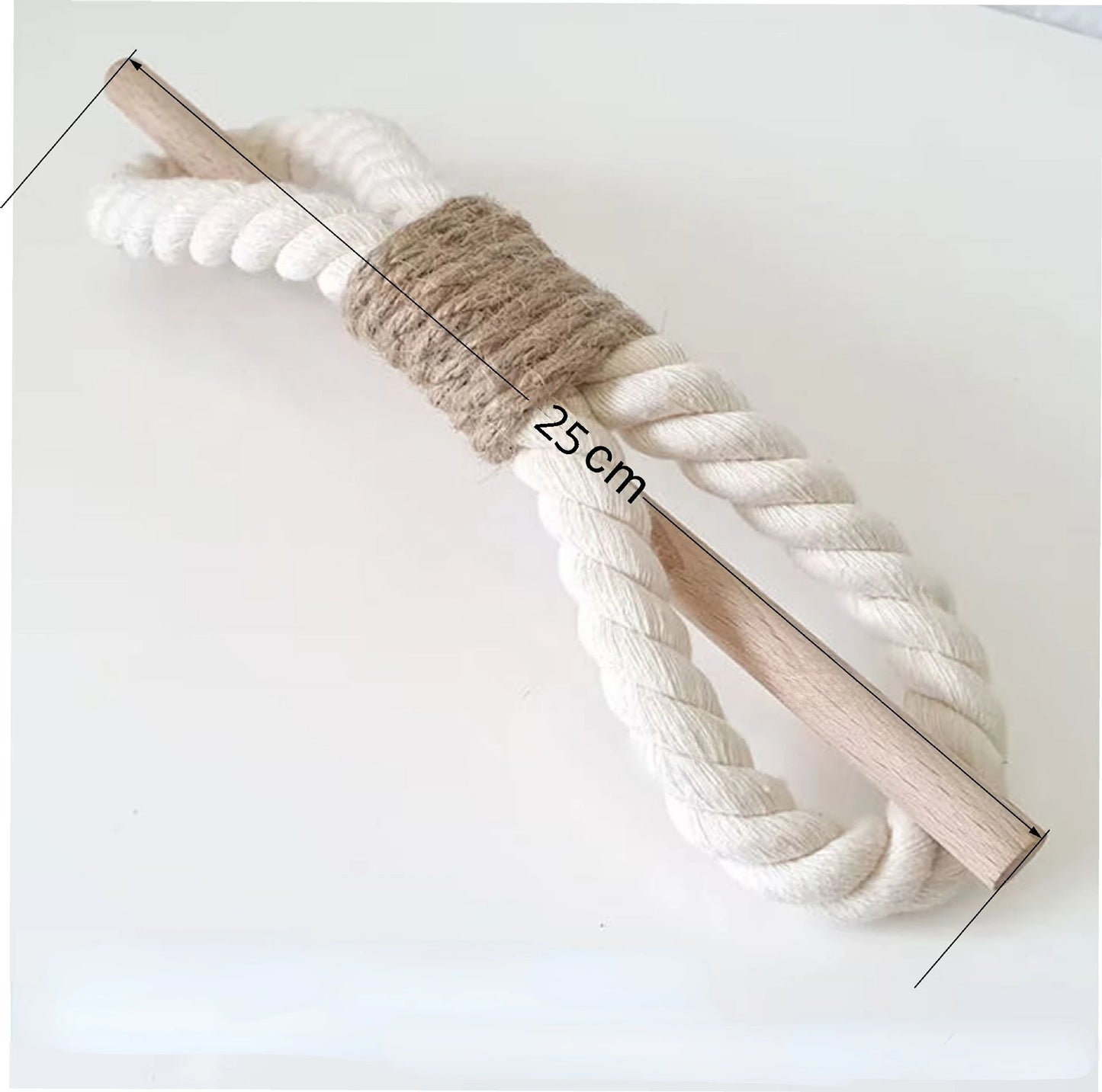 White rope with a wooden stick on a white background, showing measurement of 25 cm. boho home decor, curtain tie back, wooden curtain buckle, nordic home accessory, hemp rope curtain tie, rustic window decor, boho curtain accessory, modern farmhouse, minimalist curtain hold, housewarming gift idea