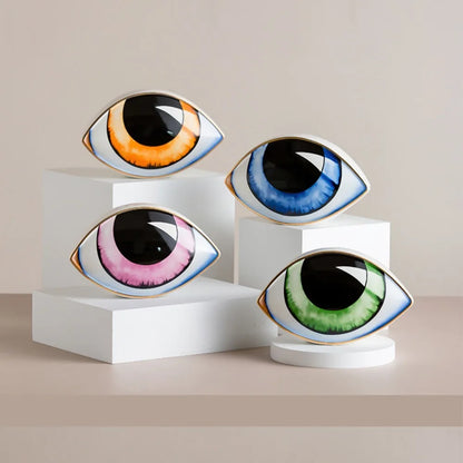 Moroccan Turkish blue evil eye ceramic figurines on display, unique bohemian home decor accent perfect for eclectic and boho home styles, adds soulful vibes and a cozy touch to any room, great for gifting as a boho home decor gift or housewarming present