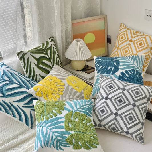 🌿 Green Leaf & Sunflower Embroidered Pillow Cover – 18 x 18 inches Boho Modern Cushion Cover for Sofa, Chair, or Car