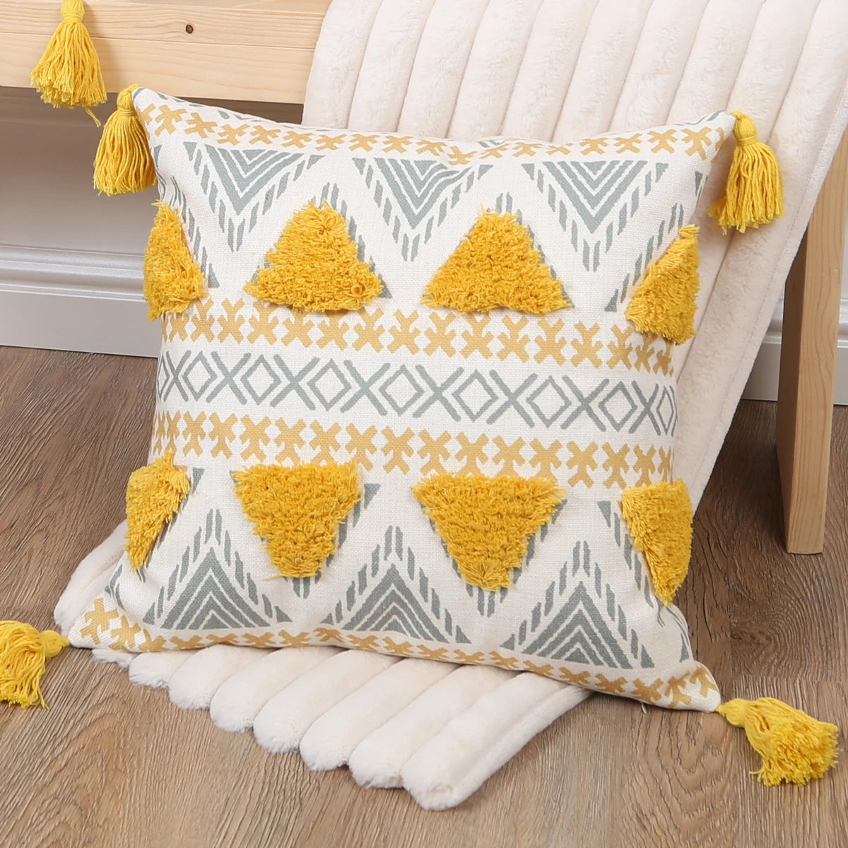 Yellow Geometric Tufted Throw Pillow Cover with Tassels – 18x18in Boho Home Decor Accent for Couch, Sofa & Bed Housewarming Gift