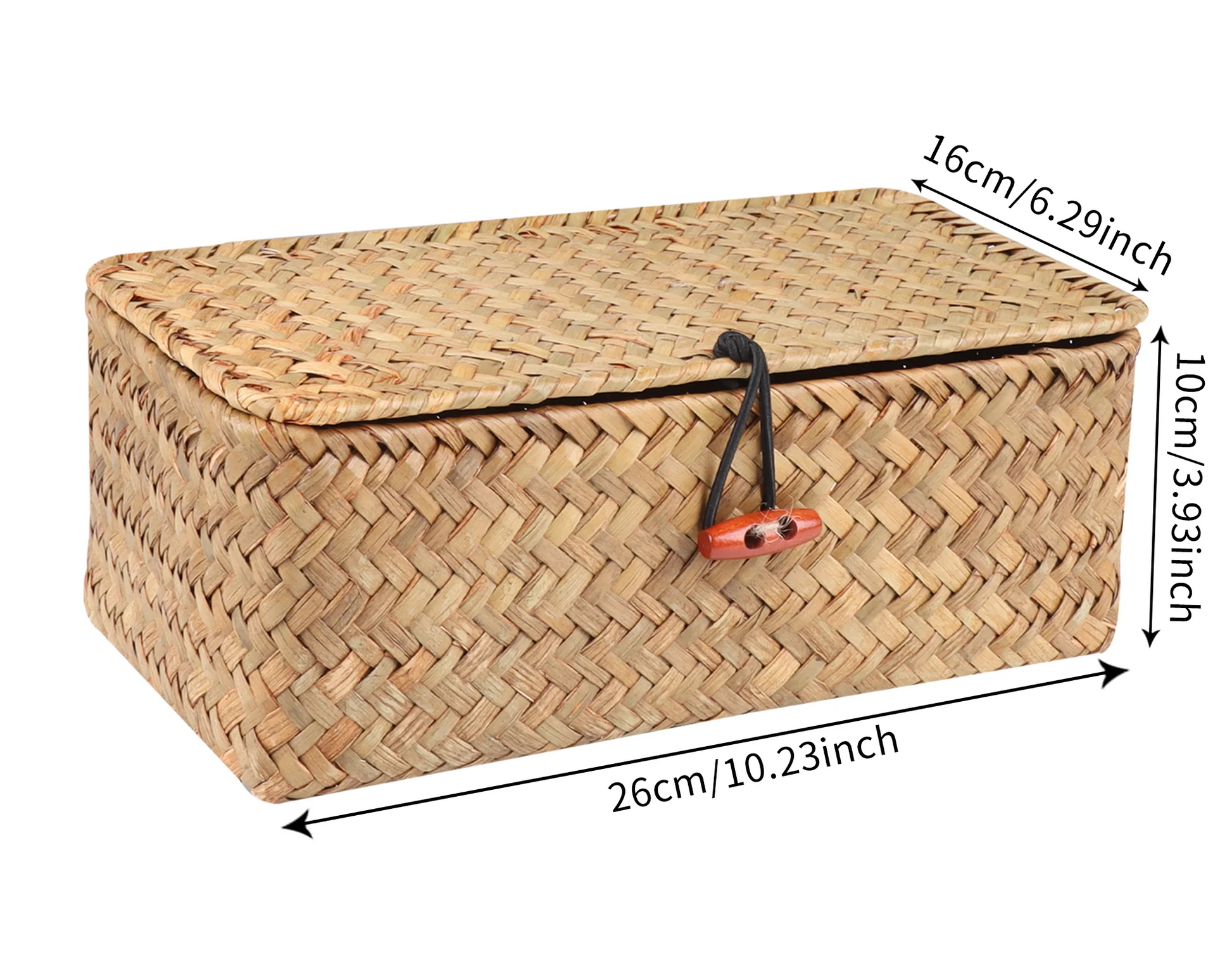 Woven storage box with dimensions labeled on a white background Handmade seagrass rattan storage box with lid, rectangular woven organizer basket for makeup, jewelry, office, and boho home decor