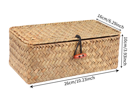 Woven storage box with dimensions labeled on a white background Handmade seagrass rattan storage box with lid, rectangular woven organizer basket for makeup, jewelry, office, and boho home decor