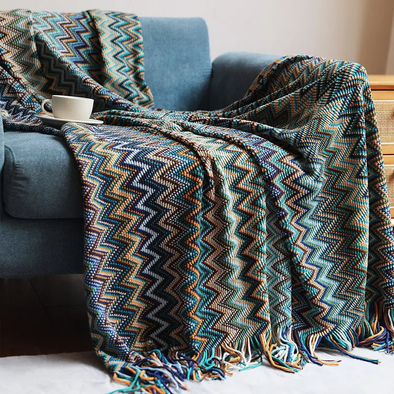 My Boho Home throw blanket with tassels, featuring zig zag stripes and a woven texture—perfect for cozy home decor