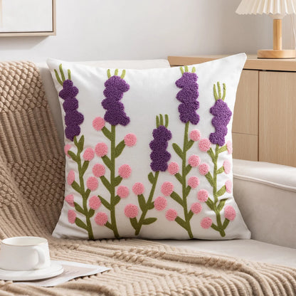 Decorative pillow with floral pattern on a couch Embroidered flower pillow cover, 17.7-inch square canvas cushion case with floral design for sofa, bed, and boho home decor
