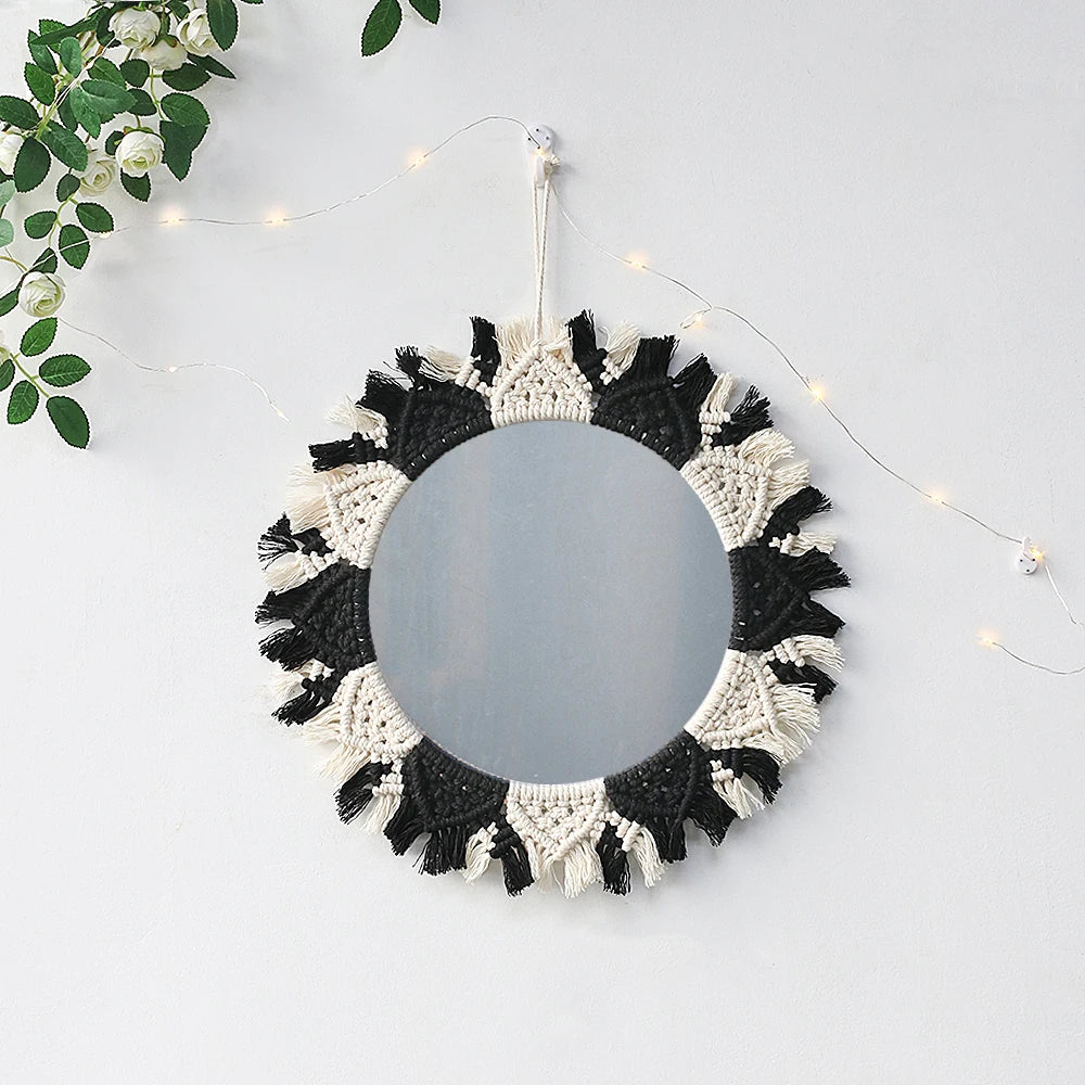 Wall Circle Mirror Macrame Boho Home Decor Mirrors for Bedroom Baby Room Decoration Nursery Sun Star Shaped