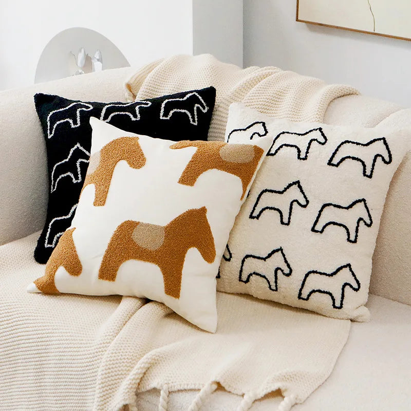 My Boho Home Nordic Embroidered Animal Pillow Cover – Modern Boho Plush Cushion for Couch, Bed or Nursery Horses