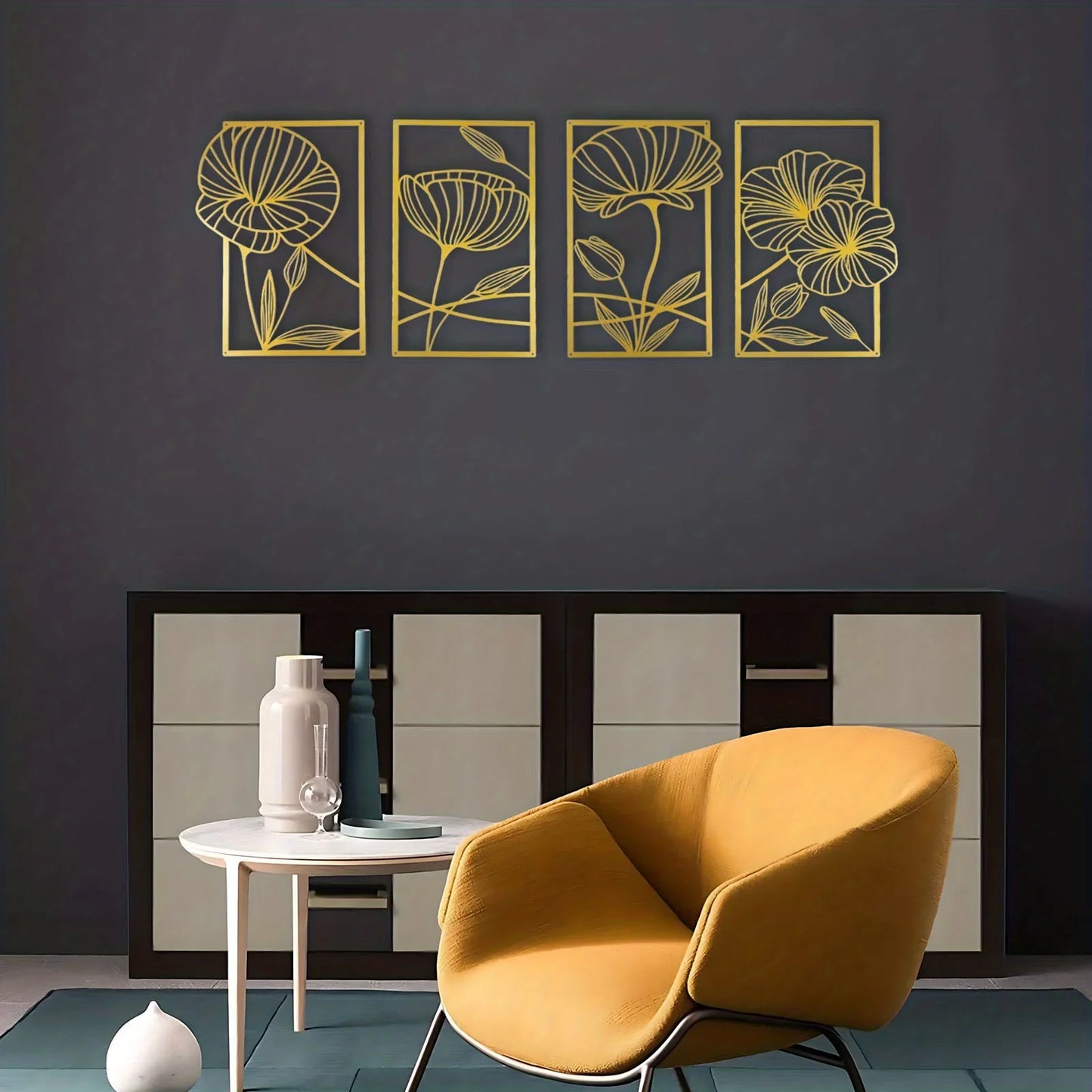 Metal Lotus Line Art Wall Decor – 4-Piece Set