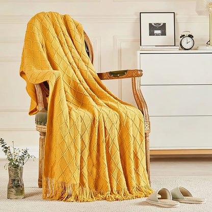 Soft Knit Boho Throw Blanket – Lightweight Acrylic Travel & Home Decor Accent with Fringe