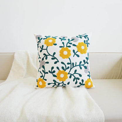 Yellow and Gray Flowers on Vine on Boho Home Decor Floral Embroidered Pillow Cover – Square Decorative Cushion Case for Sofa & Home