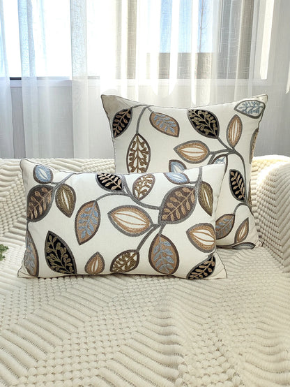 Leaf Embroidered Throw Pillow Cover – Canvas Cushion Cover for Boho Home Decor