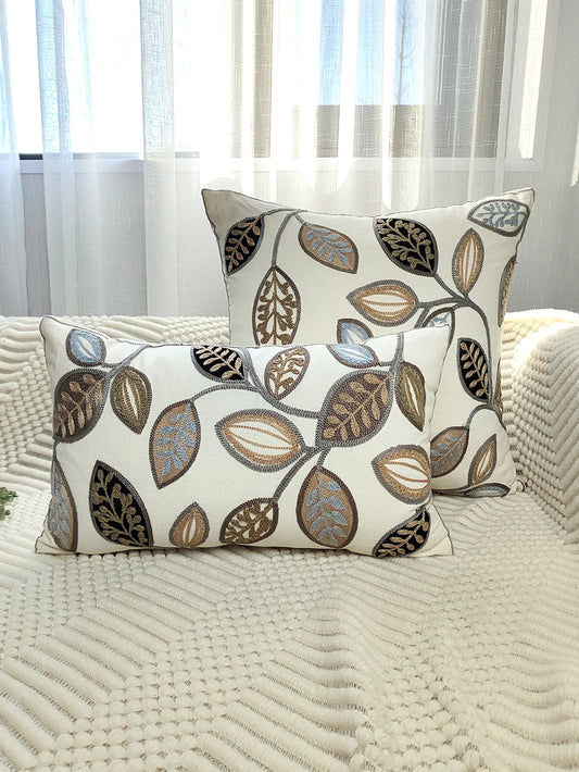 Leaf Embroidered Throw Pillow Cover – Canvas Cushion Cover for Boho Home Decor