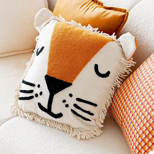 Nordic Embroidered Animal Pillow Cover – Modern Boho Plush Cushion for Couch, Bed or Nursery Lion Head My Boho Home