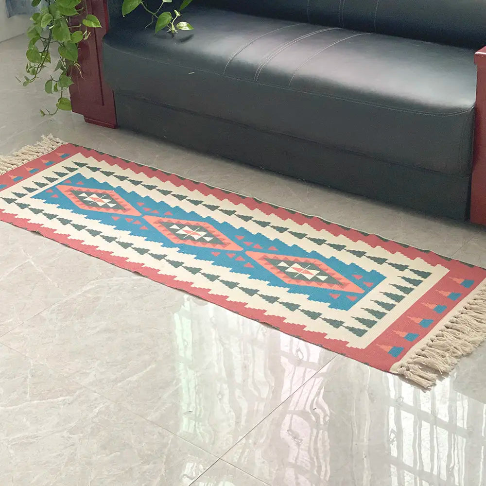 Boho Cotton Woven Geometric Rug – Anti-Slip Floor Mat for Living Room, Bedroom & Entryway