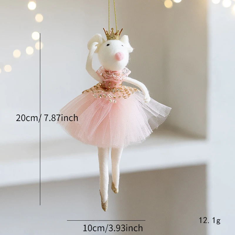 Decorative mouse Christmas ornament in a pink dress with measurements and weight displayed.
