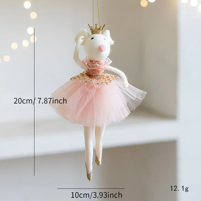 Decorative mouse Christmas ornament in a pink dress with measurements and weight displayed.