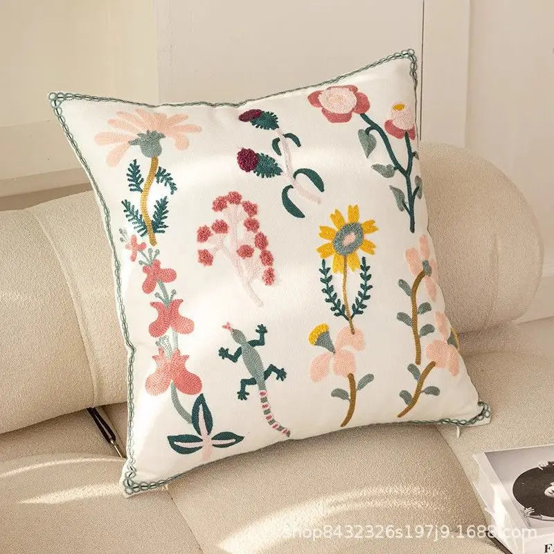 Canvas Floral Embroidered Cushion Cover Cotton 45x45 Countryside Pillow Case for Living Room Luxury Home Decor Boho Flowers