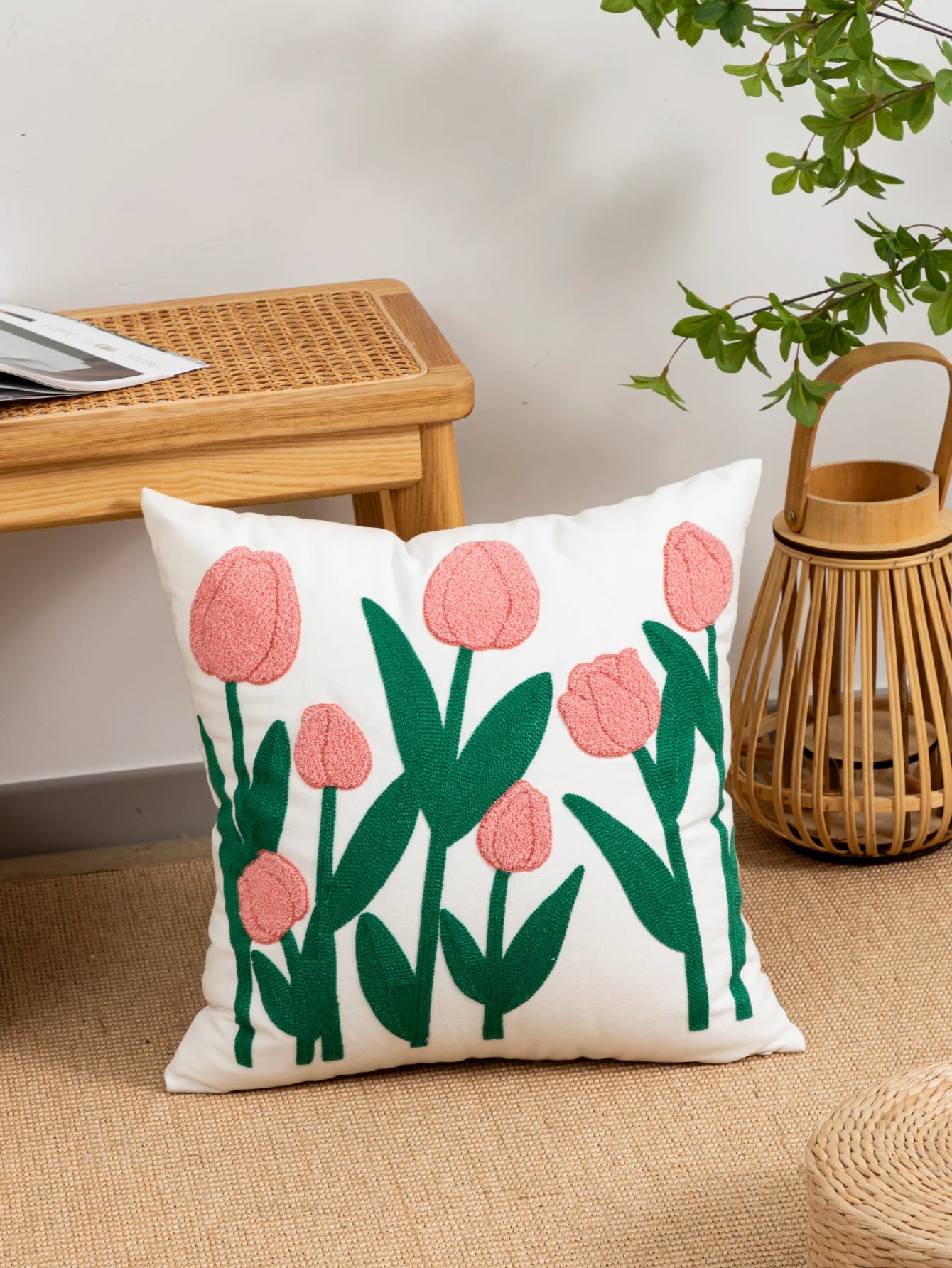 Tulip Pattern Boho Pillow Cover – Cotton Sail Fabric Cushion Cover for Living Room, Bedroom & Home Decor Spring Housewarming Gift