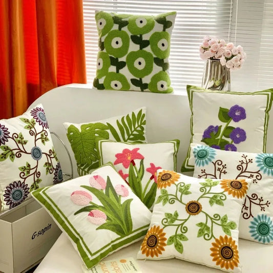 Flower Embroidered Plush Throw Pillow Cover – Minimalist Boho Cushion for Sofa, Bed, or Chair | 18x18 Inch | Garden-Inspired Housewarming Gift