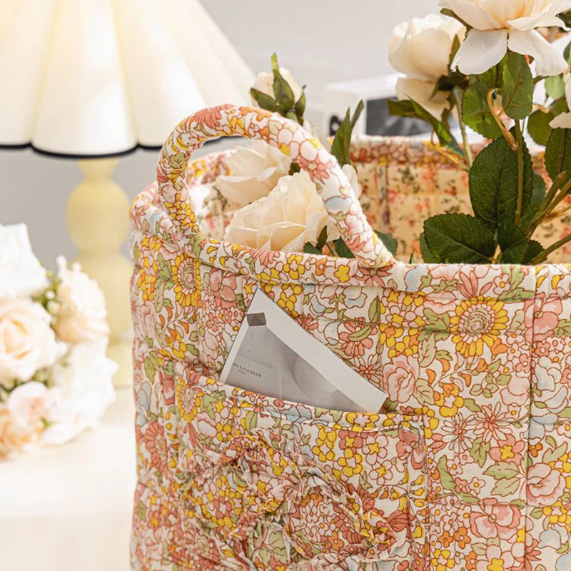 boho home decor, floral fabric storage basket, large laundry hamper, foldable storage bin, fabric organizer basket, boho floral hamper, home organization basket, decorative laundry bin, eco-friendly laundry hamper, housewarming gift