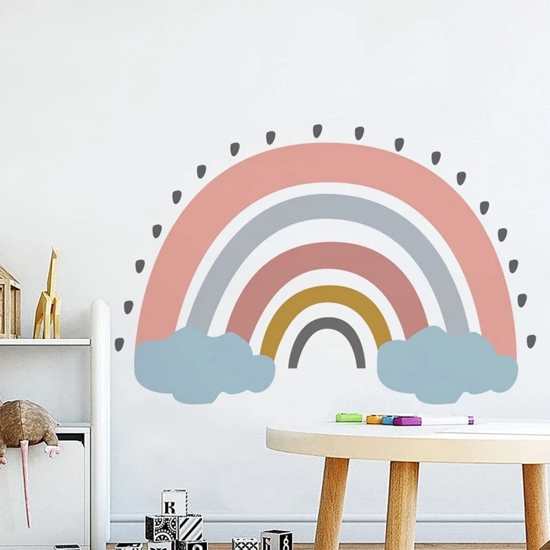 Boho Large Rainbow Beige Pink Watercolor Wall Sticker Vinyl DIY Removable Wall Decals Nursery Girls Room Playroom Home Decor Flowers Clouds Butterflies Hearts