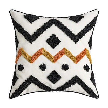 Decorative pillow with geometric pattern on a white background Nordic blue tufted cushion cover with geometric stripe and grid crochet pattern, tassel pillow cover for sofa, bed, and boho home decor