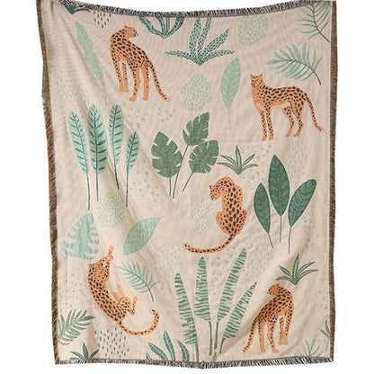 Boho Tassel Throw Blanket Leaves and Cheetahs