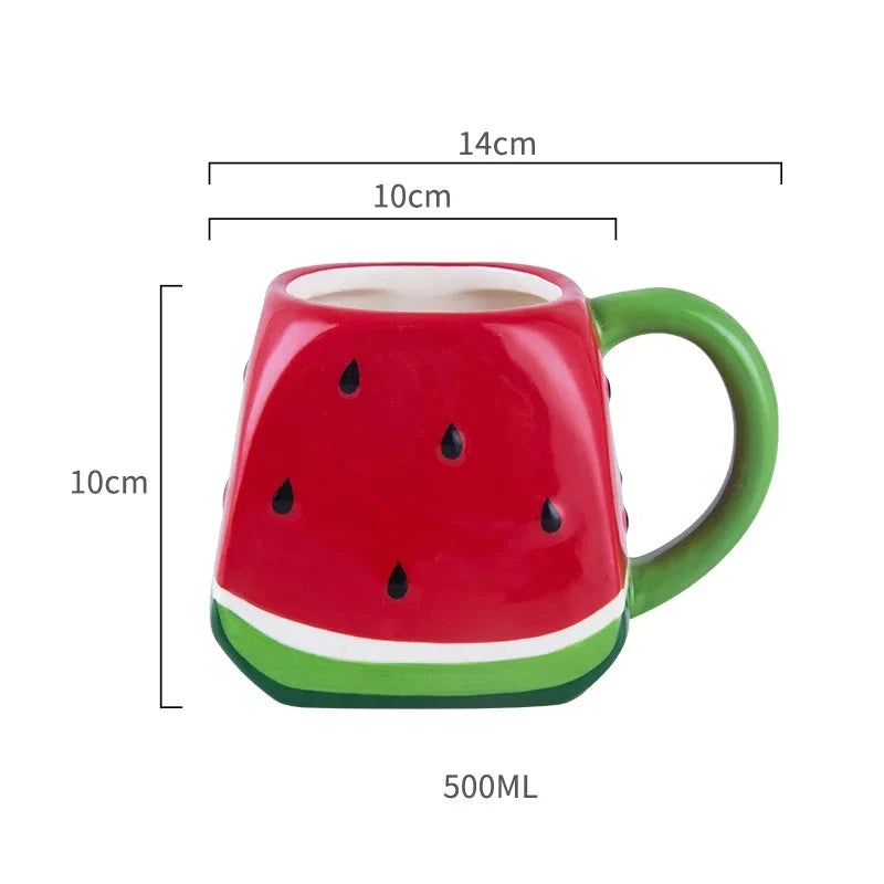 Watermelon-themed mug with measurements on a white background Creative watermelon ceramic mug, kawaii coffee and milk cup with hand-painted design, 500ml porcelain drinkware for kitchen decor