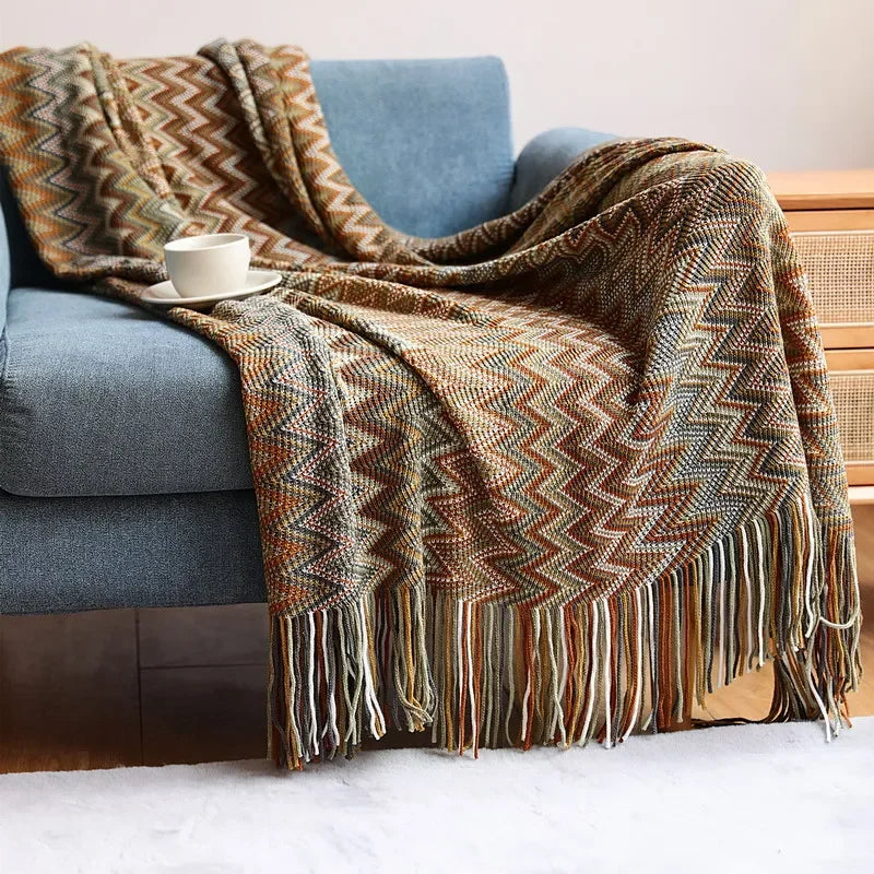 My Boho Home throw blanket with tassels, featuring zig zag stripes and a woven texture—perfect for cozy home decor