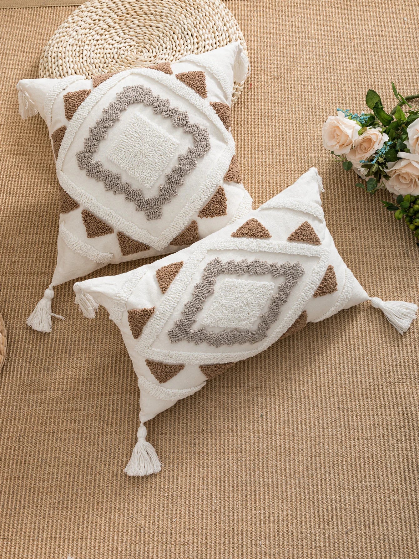 Geometric Tufted Pillow Cover With Tassels – Boho Home Decor Accent for Couch, Bed & Living Room
