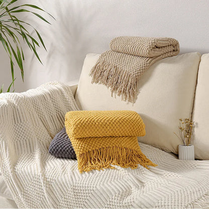 Soft Knit Boho Throw Blanket – Lightweight Acrylic Travel & Home Decor Accent with Fringe