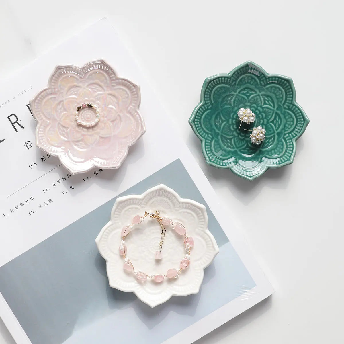 Nordic Ceramic Mandala Small Jewelry Dish Earrings Necklace Ring Storage Plate Display Bowl Flower Decoration Tray Home Decor Bedroom Bathroom Living Room Boho 1Pc