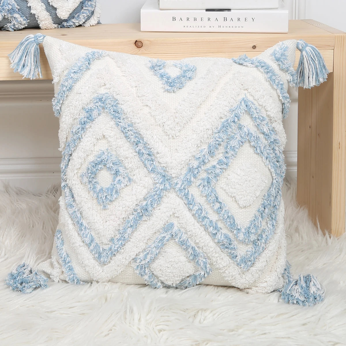Blue Geometric Tufted Pillow Cover with Tassels – Boho Home Decor Housewarming Gift Accent for Couch, Bed & Living Room