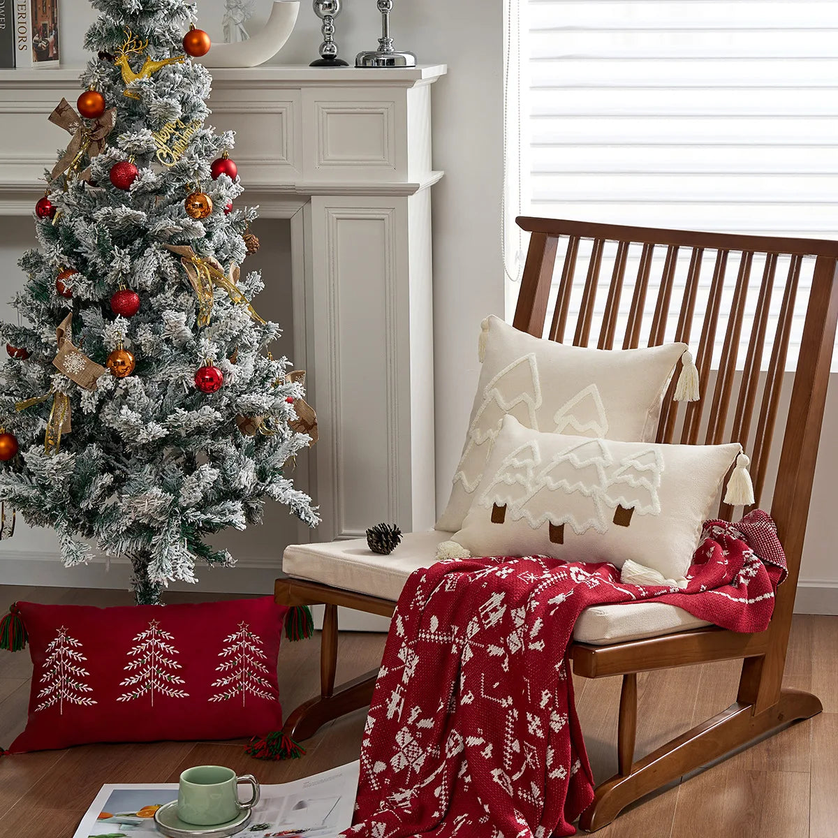 Decorative living room with a Christmas tree, rocking chair, and festive pillows. tufted Christmas pillow cover with tassels, decorative festive cushion case for sofa or bed in 12x20 or 18x18 inches