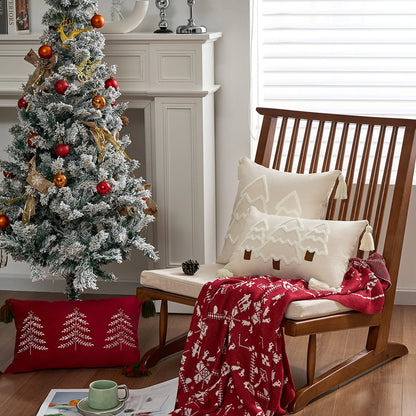 Decorative living room with a Christmas tree, rocking chair, and festive pillows. tufted Christmas pillow cover with tassels, decorative festive cushion case for sofa or bed in 12x20 or 18x18 inches