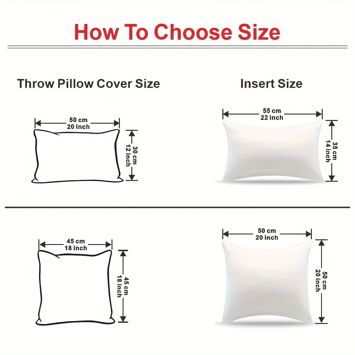 Illustration showing how to choose pillow sizes with measurements. Thanksgiving pumpkin throw pillow cover for sofa and bed.