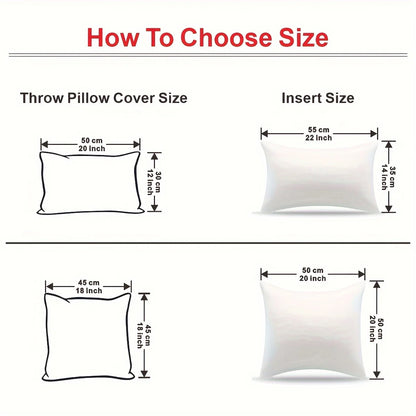 Illustration showing how to choose pillow sizes with measurements. Thanksgiving pumpkin throw pillow cover for sofa and bed.