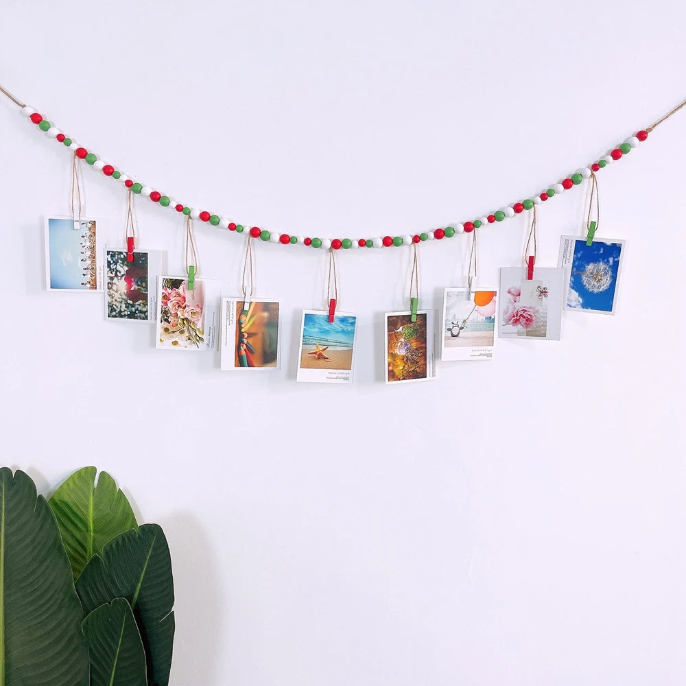 Boho Wall Hanging Photo Display with Wooden Beads & Clips – Rustic Collage Picture Holder Decor