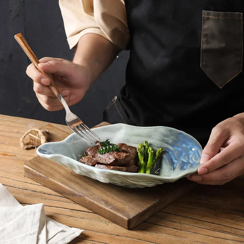 Japanese Kiln-Glazed Ceramic Oyster Dish – Irregular Shell-Shaped Plate for Dips, Dessert & Appetizers
