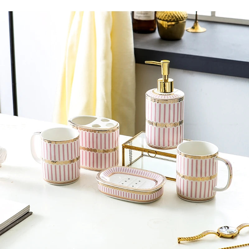 Ivory Porcelain & Gold-Plated Ceramic Bathroom Set – Pink Stripes