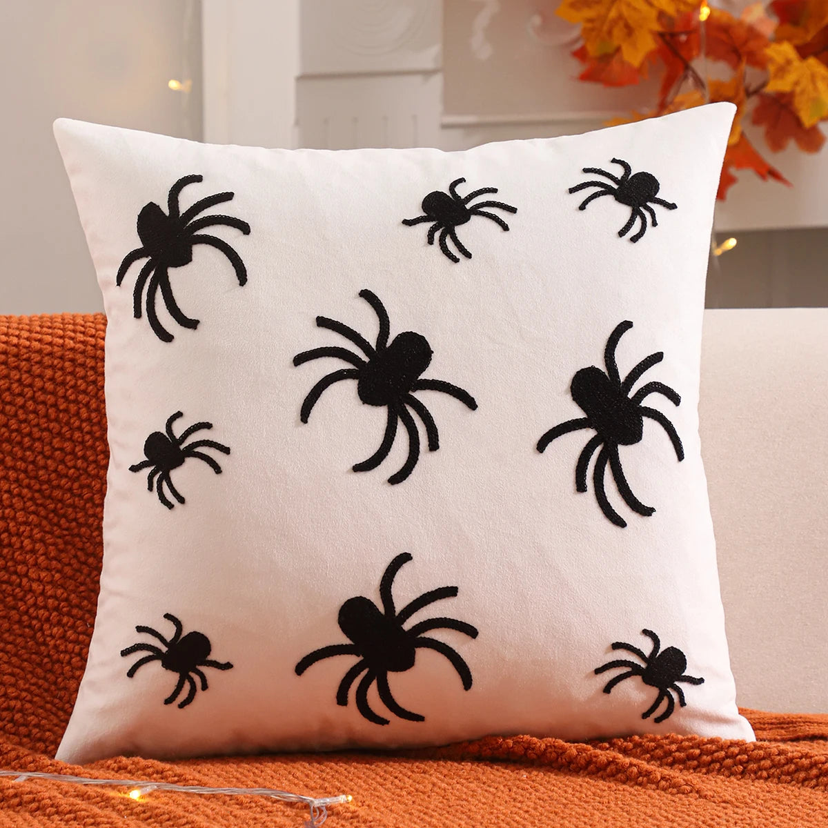 Halloween Pumpkin & Ghost Embroidered Velvet Pillow Cover – Festive Throw Cushion for Sofa, Bed & Home Decor