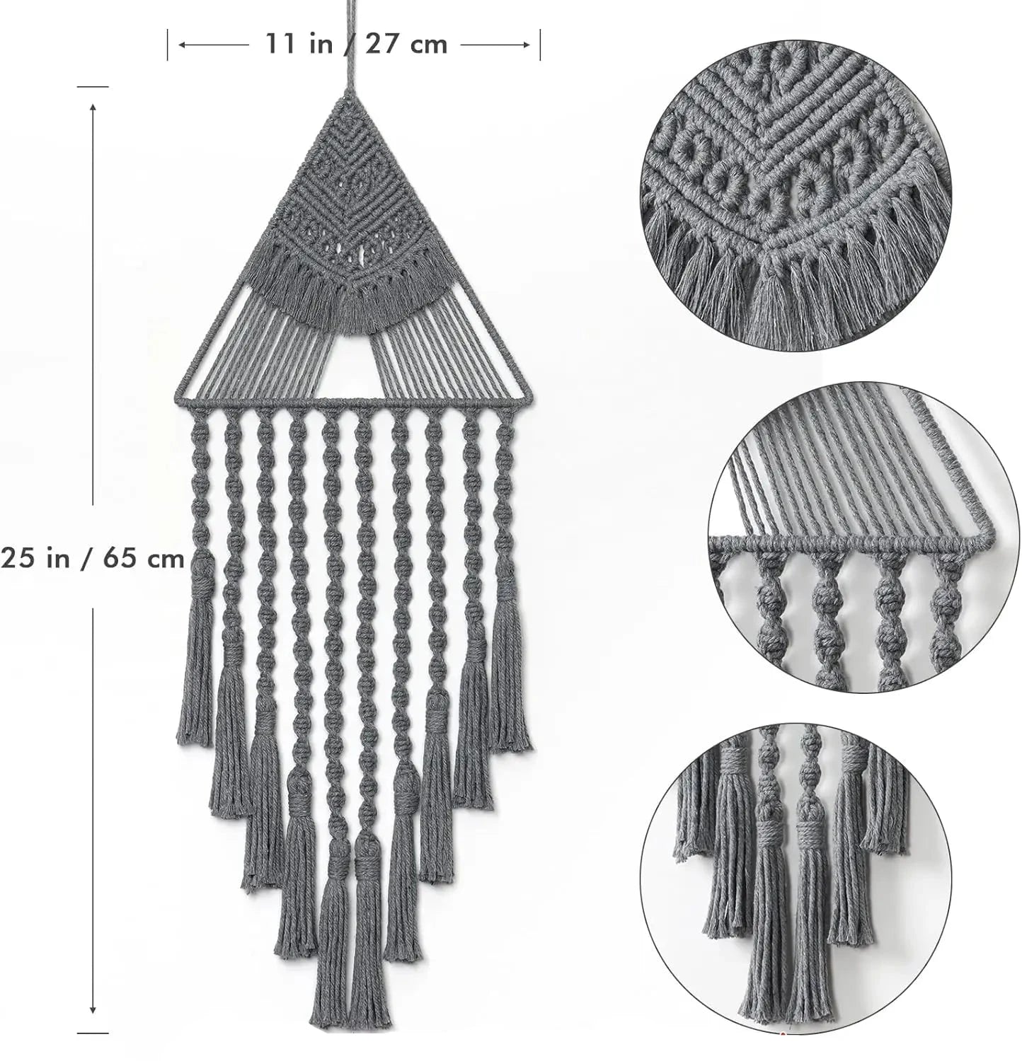 Gray macrame wall hanging with measurements and close-up details on a white background boho home decor, macrame wall hanging, triangle dream catcher, woven tapestry, handmade cotton wall decor, tassel wall hanging, bedroom door decor, housewarming gift, rustic bohemian art, boho apartment wall decor, neutral textile art