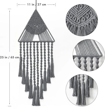 Gray macrame wall hanging with measurements and close-up details on a white background boho home decor, macrame wall hanging, triangle dream catcher, woven tapestry, handmade cotton wall decor, tassel wall hanging, bedroom door decor, housewarming gift, rustic bohemian art, boho apartment wall decor, neutral textile art