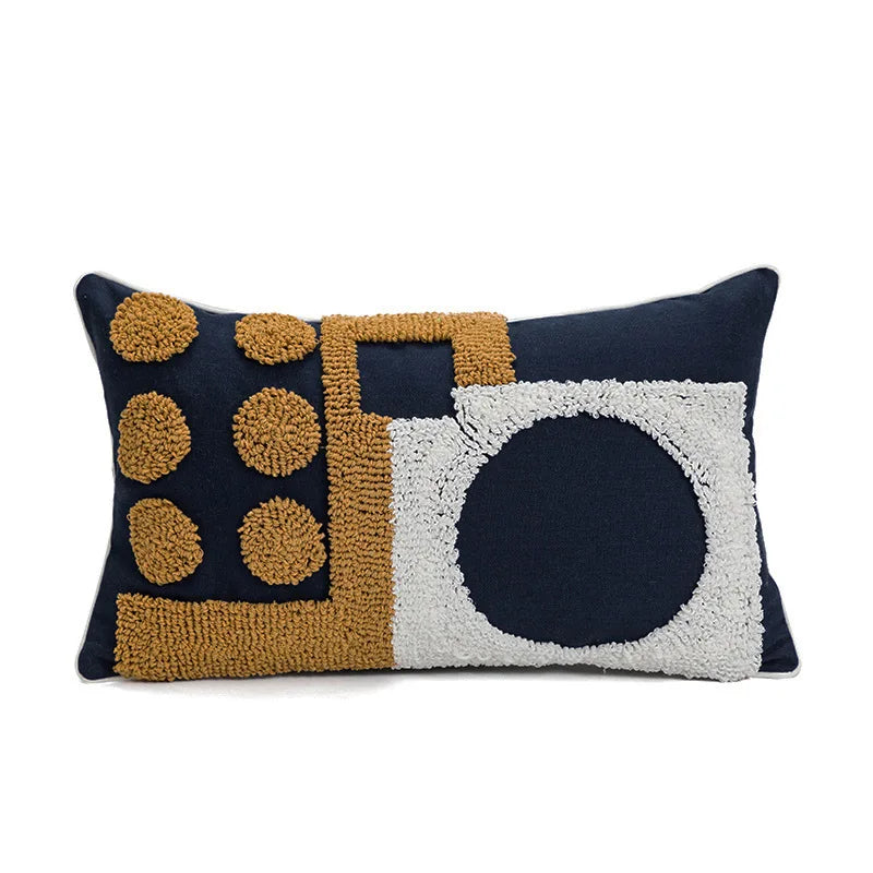 Decorative pillow with geometric pattern on a white background Nordic blue tufted cushion cover with geometric stripe and grid crochet pattern, tassel pillow cover for sofa, bed, and boho home decor