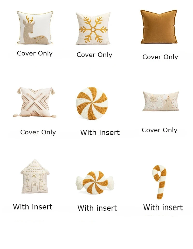 Collection of decorative pillows with sizes and descriptions displayed below each.