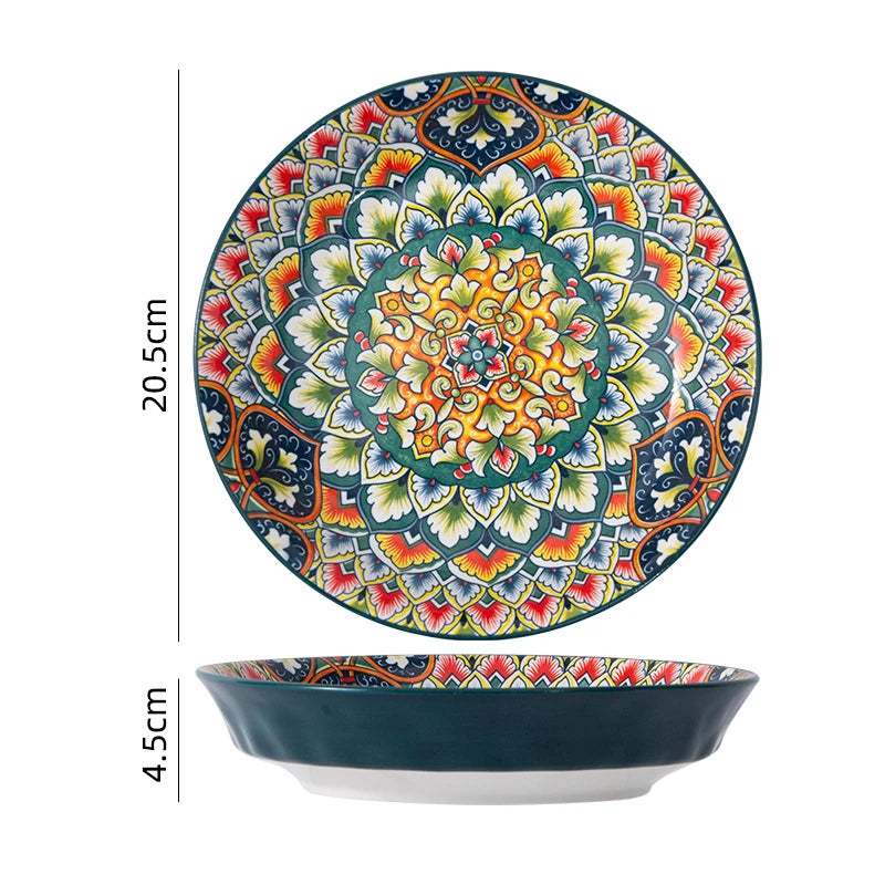 Boho Floral Green Ceramic Plate or Bowl – Retro Dinnerware for Breakfast, Salad, or Soup